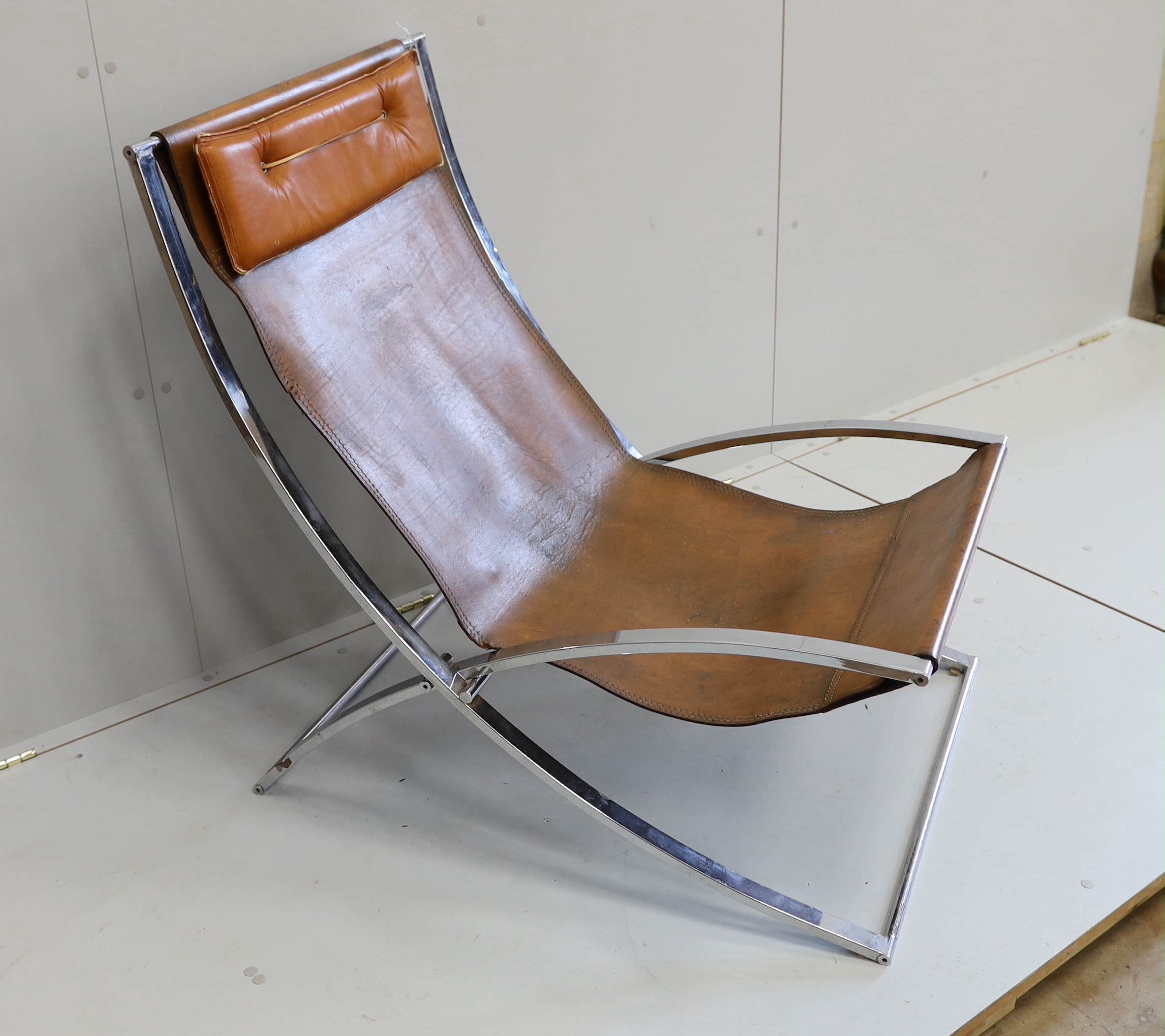 A 1970's leather and chrome armchair by Marcho Cuno, width 67cm, depth 100cm, height 90cm